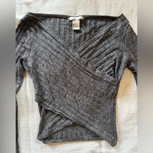 Gray Ribbed Wrap Sweater